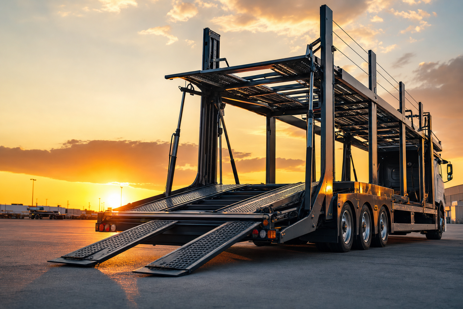 A detailed close-up of the articulated metal structure of a modern car-hauler trailer against a sunset background.