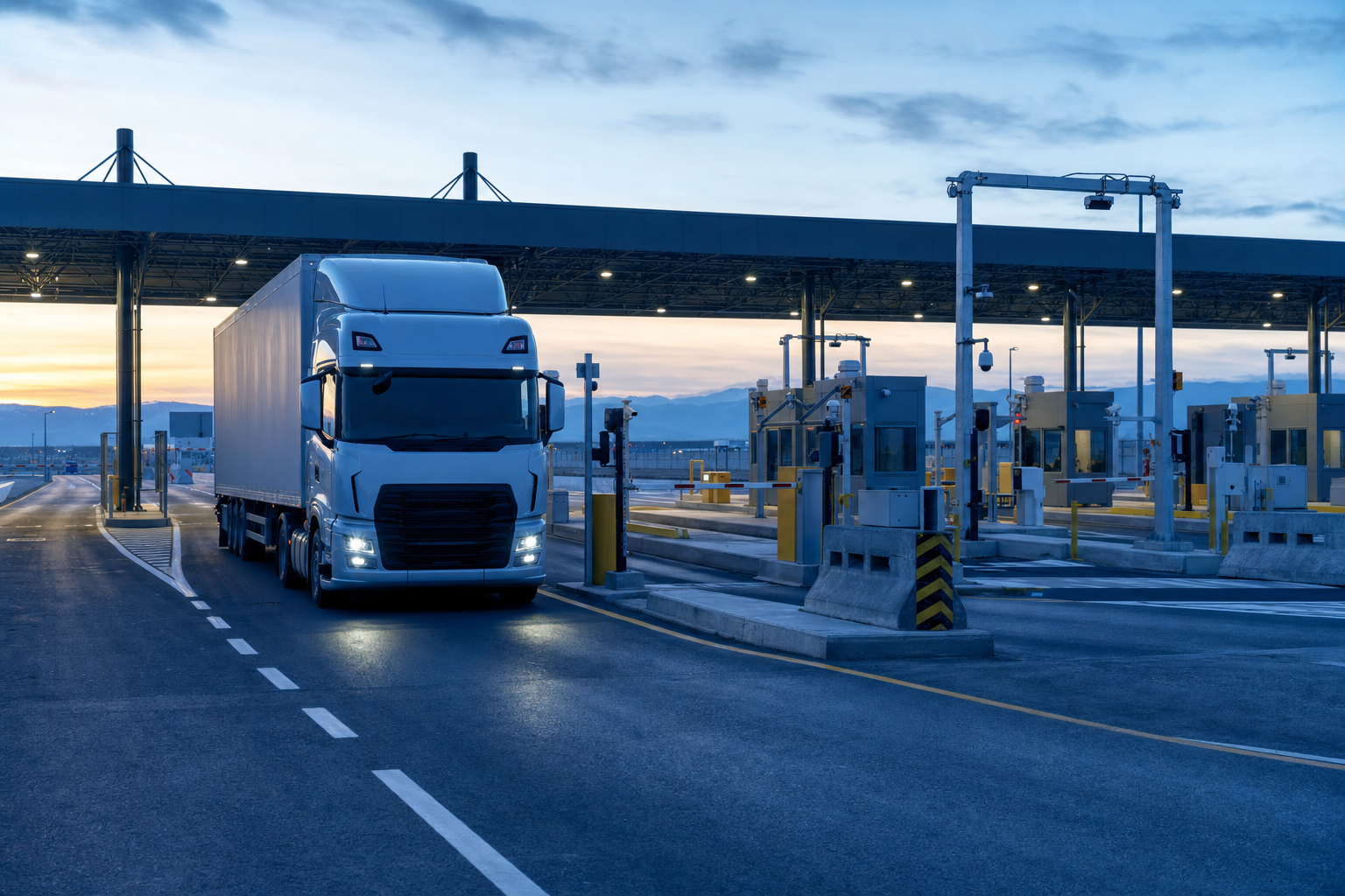 A semi-truck approaching an organized international border checkpoint under soft morning light.