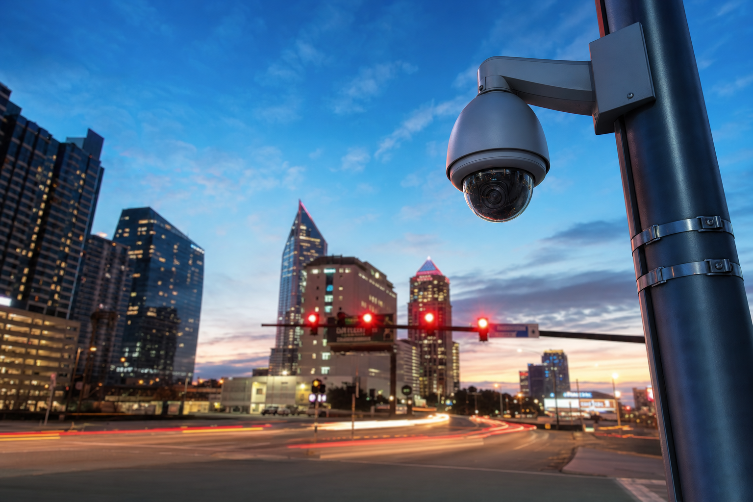 A modern traffic camera mounted on a pole at a busy urban intersection during twilight.