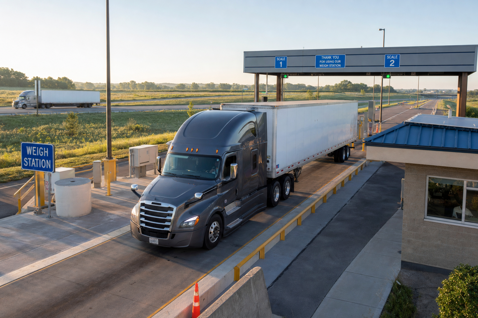 A modern semi-truck parked at a highway weigh station at dawn, symbolizing professional logistics and regulatory compliance.