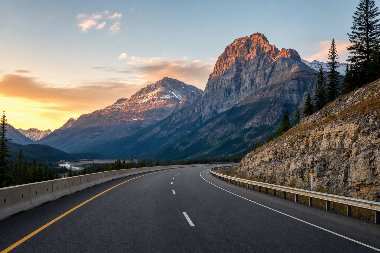 A wide, empty highway stretching through a scenic mountain pass during the early morning.
