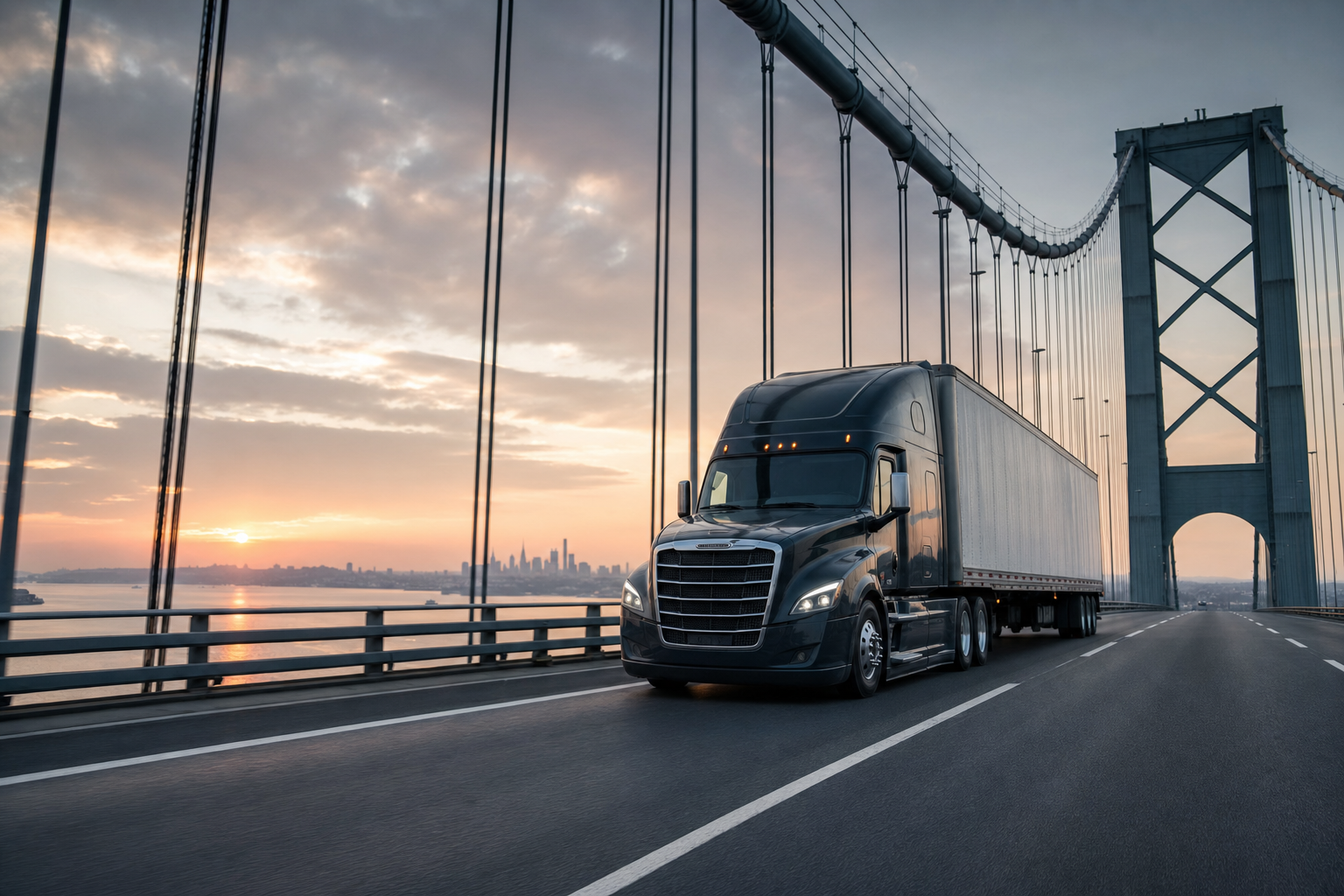 A commercial semi-truck driving across a large steel bridge, highlighting the scale and infrastructure of modern transport.