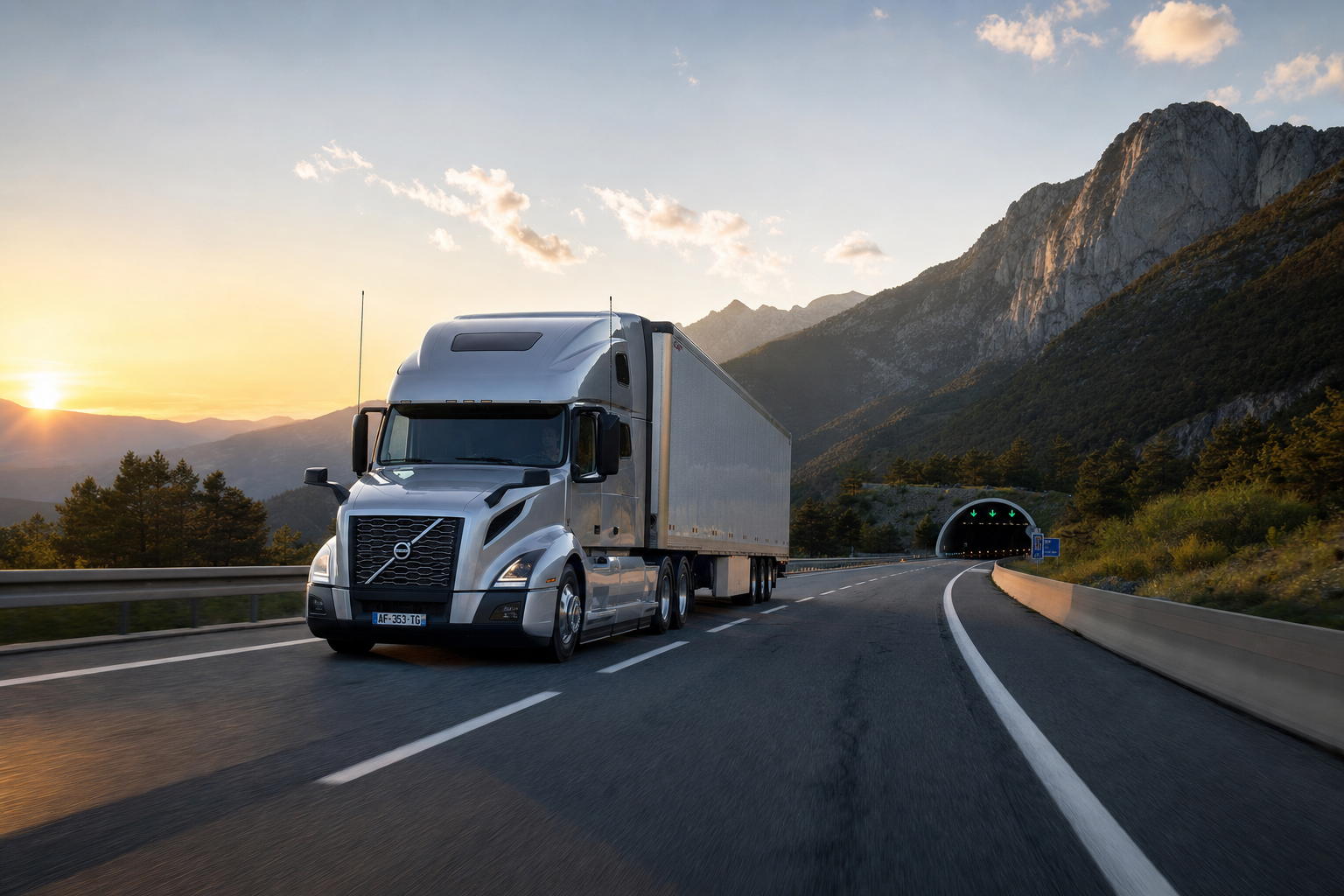 A commercial truck driving toward a tunnel entrance on a highway at sunrise, representing safe goods transport.