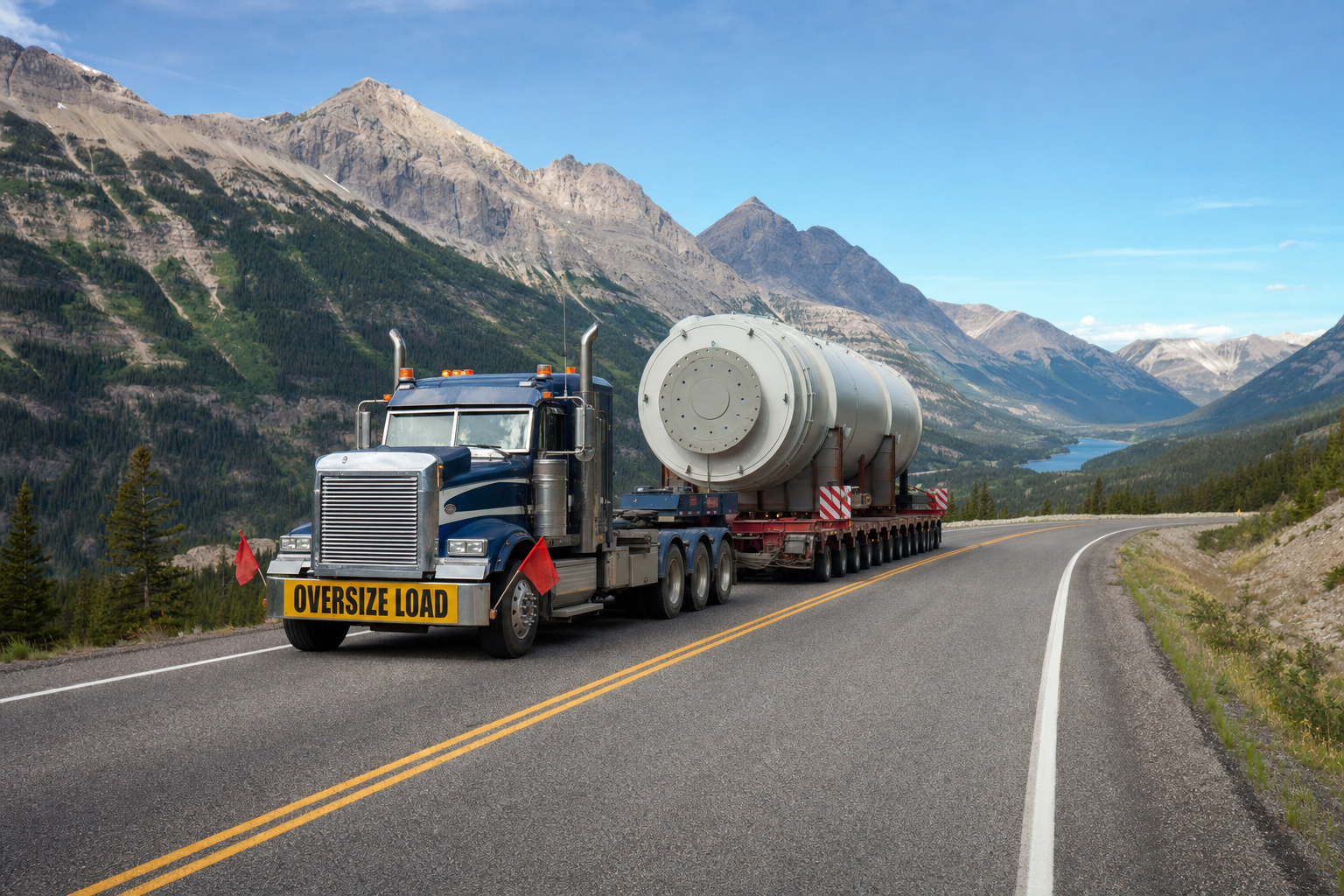 An industrial heavy-haul truck carrying a large load on a vast, open highway surrounded by mountain scenery.