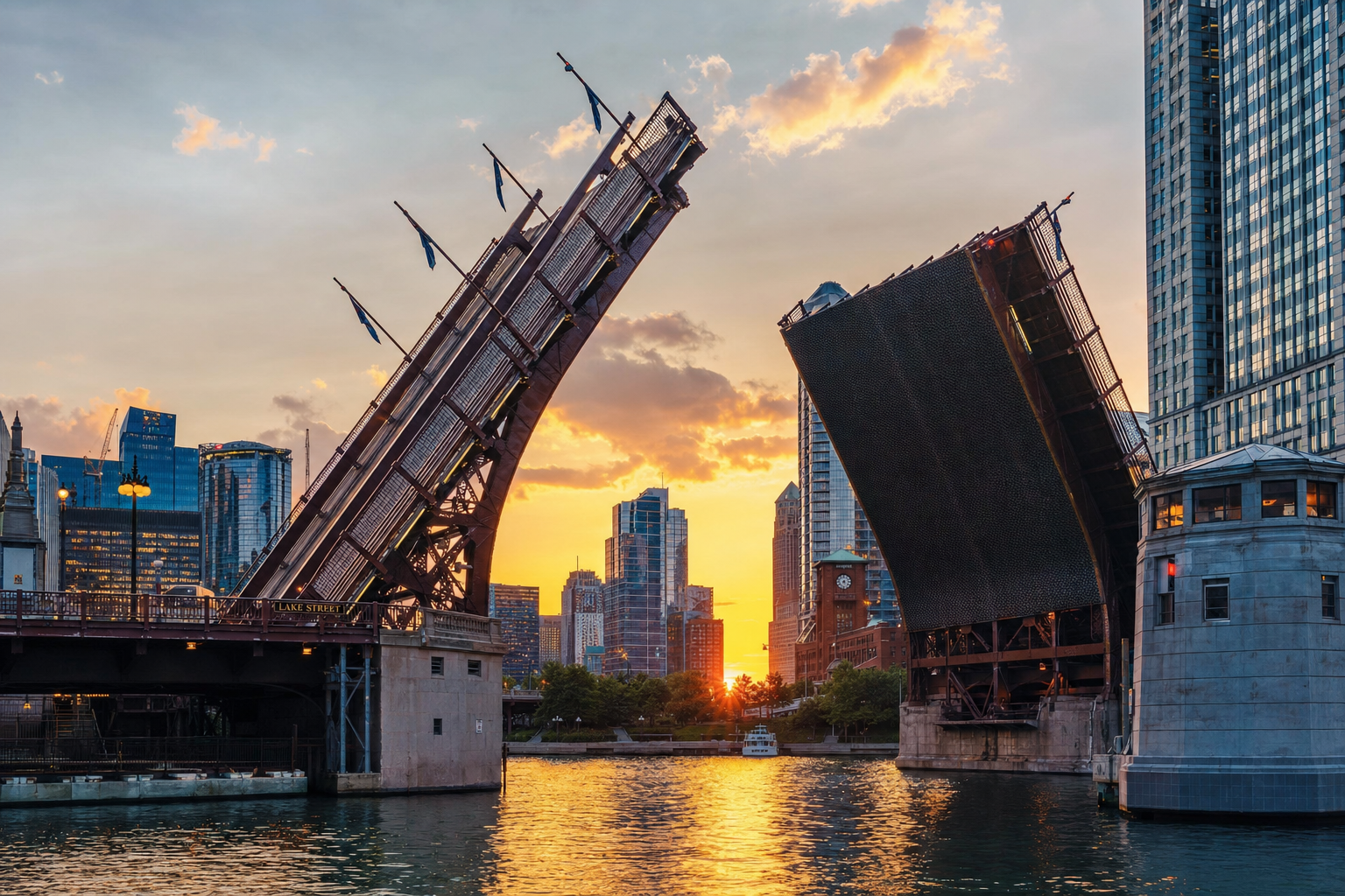 A large bascule drawbridge raised to allow a ship to pass underneath during a vibrant sunset.