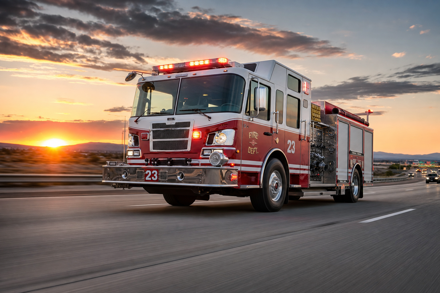 A professional wide-angle shot of a heavy-duty fire truck traveling down a highway at sunset.