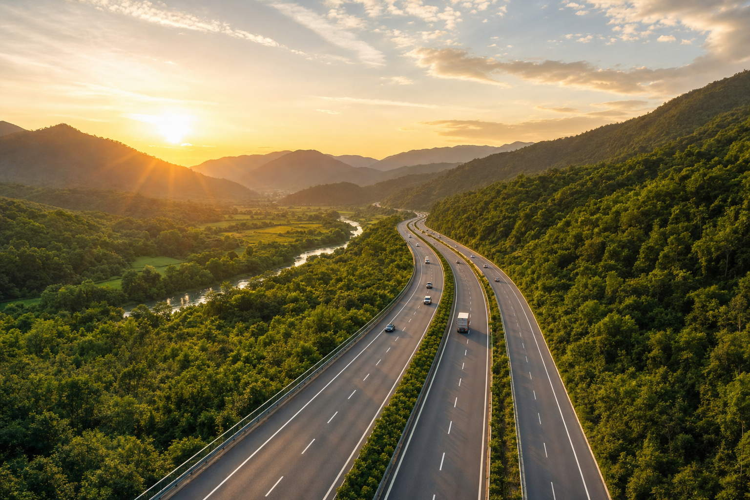 An aerial landscape view of a highway stretching through a valley, symbolizing an clear path to safety.
