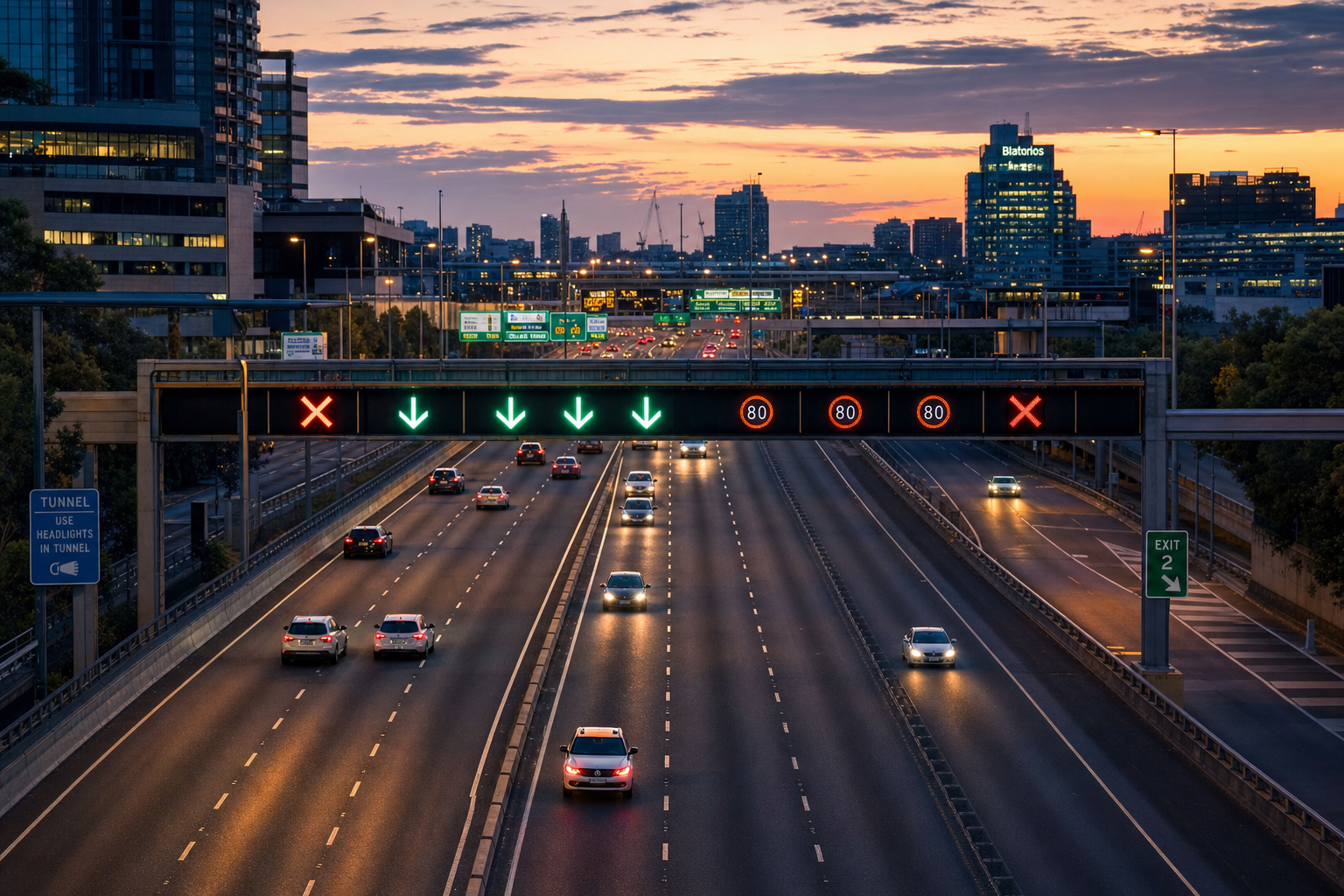 A modern highway at dusk with glowing digital electronic signs indicating active lane usage and traffic flow.