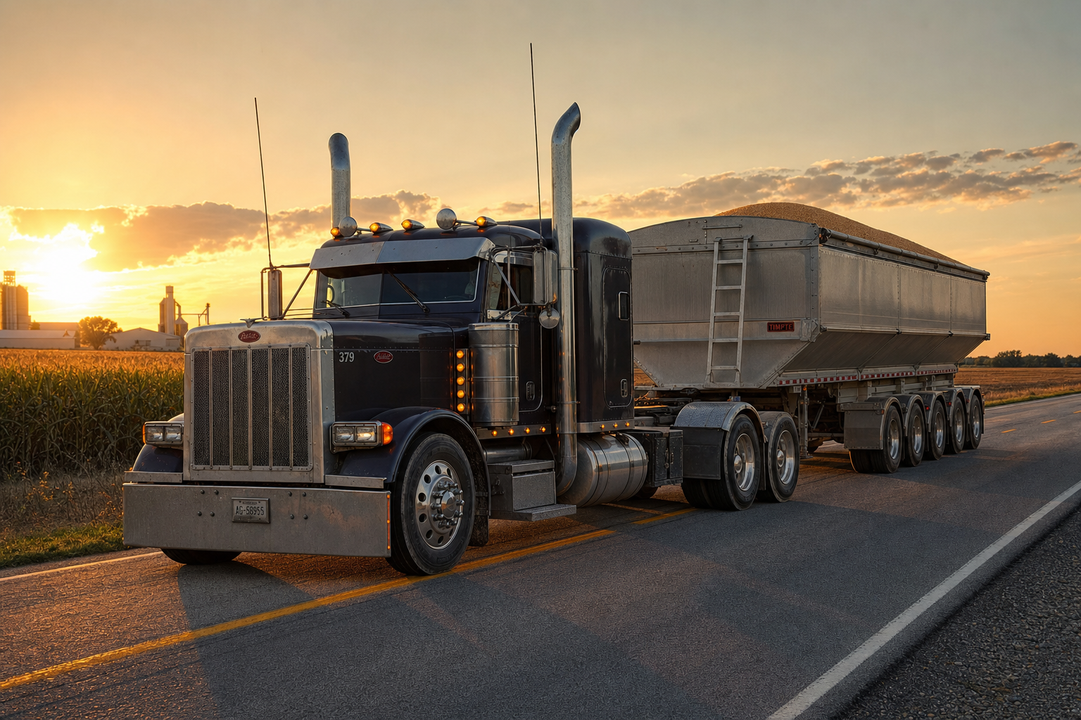 A semi-truck transporting agricultural feed on a rural highway during sunset.