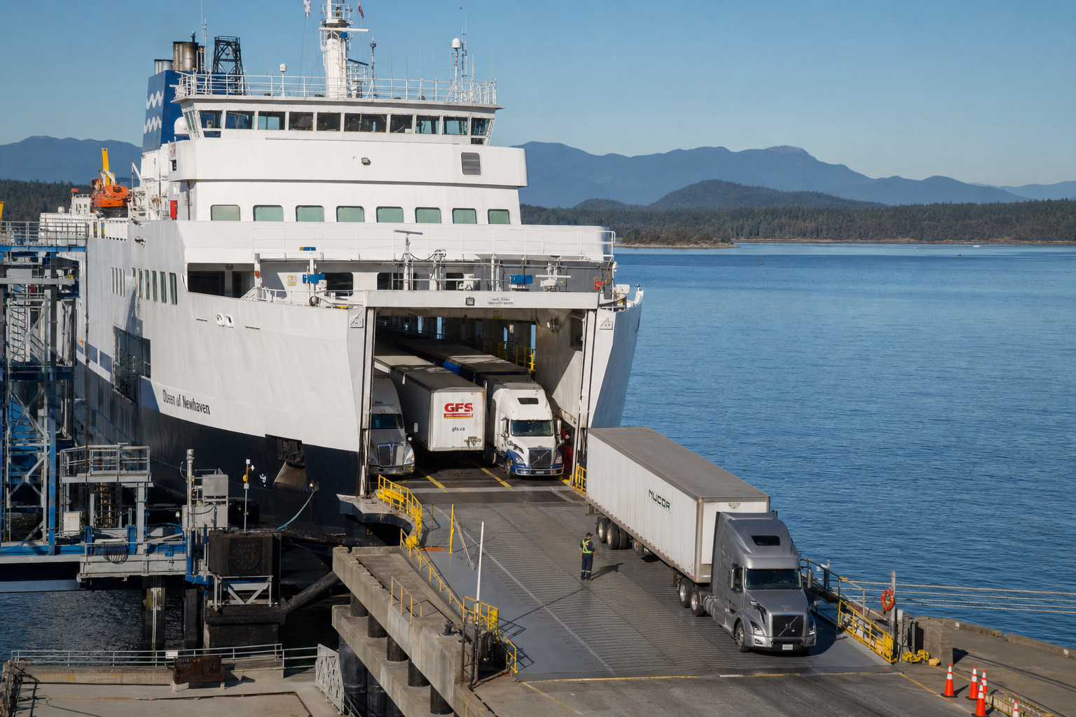 A view of a ferry vessel loading heavy vehicles at a busy marine terminal.