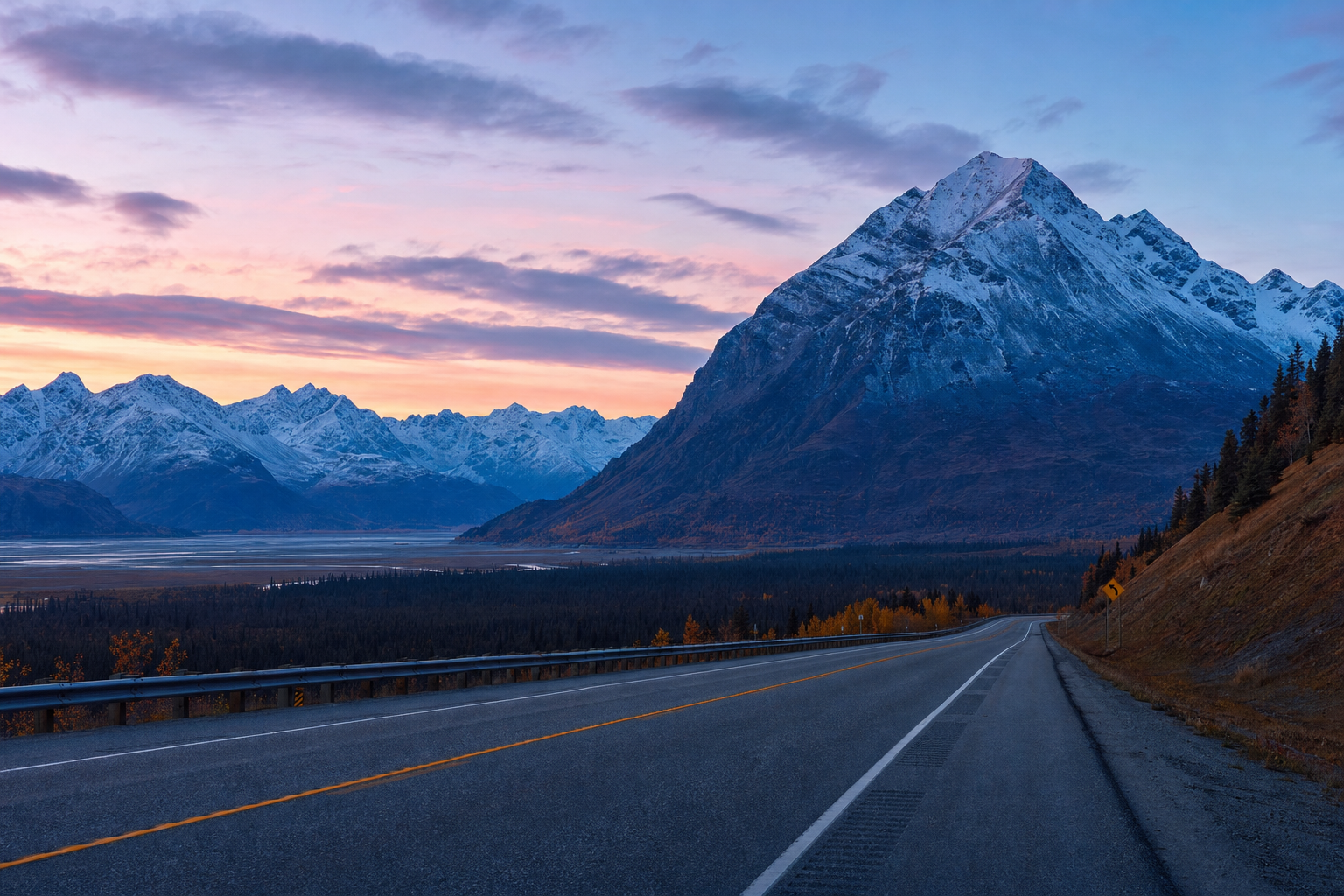 An empty rural highway cutting through a dramatic, mountainous Alaskan landscape.