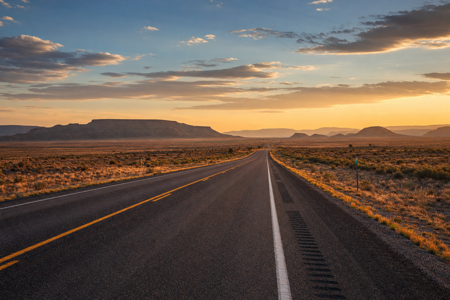 A scenic view of a wide, empty highway in the New Mexico landscape under a clear blue sky.