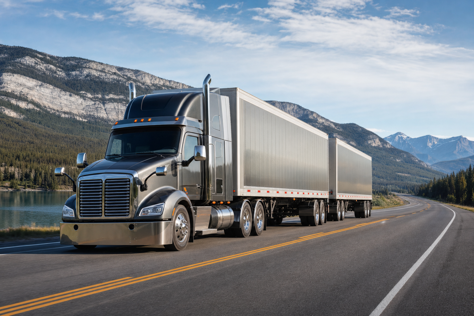 A long combination vehicle driving on a wide, clear highway in a rural Canadian landscape.