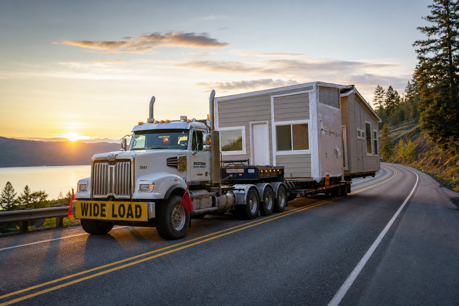 A modular home section being transported by a heavy-duty truck on a highway during sunrise.