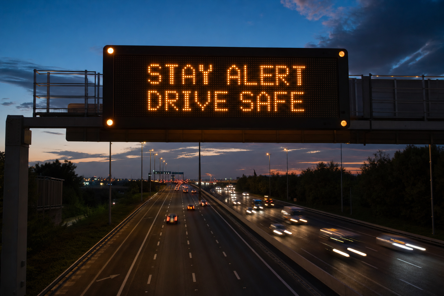A glowing Dynamic Message Sign over a highway at dusk, showcasing transportation infrastructure technology.