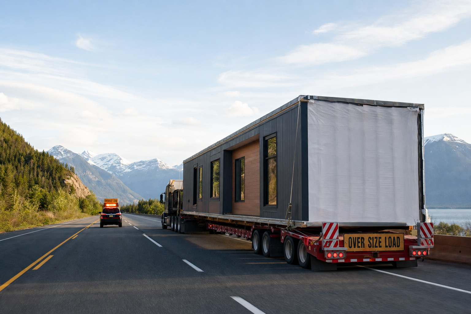 A modular home section secured on a transport trailer being moved along a highway with a pilot escort vehicle.