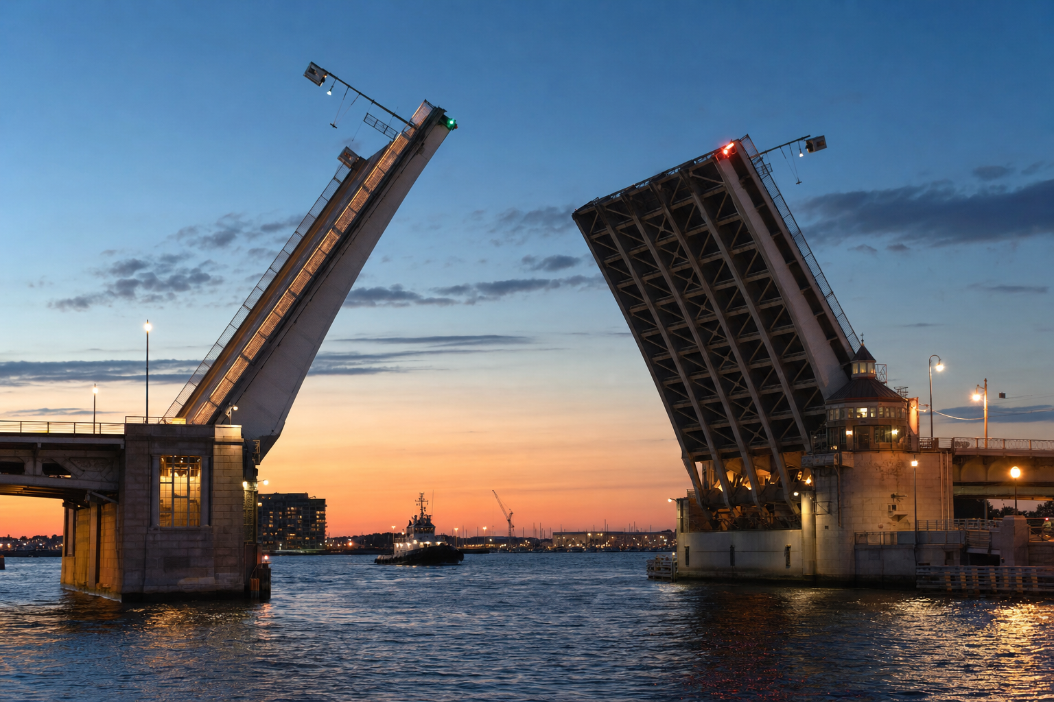 A large bascule bridge rising in a city harbor during twilight, showing the bridge mechanism and the water below.