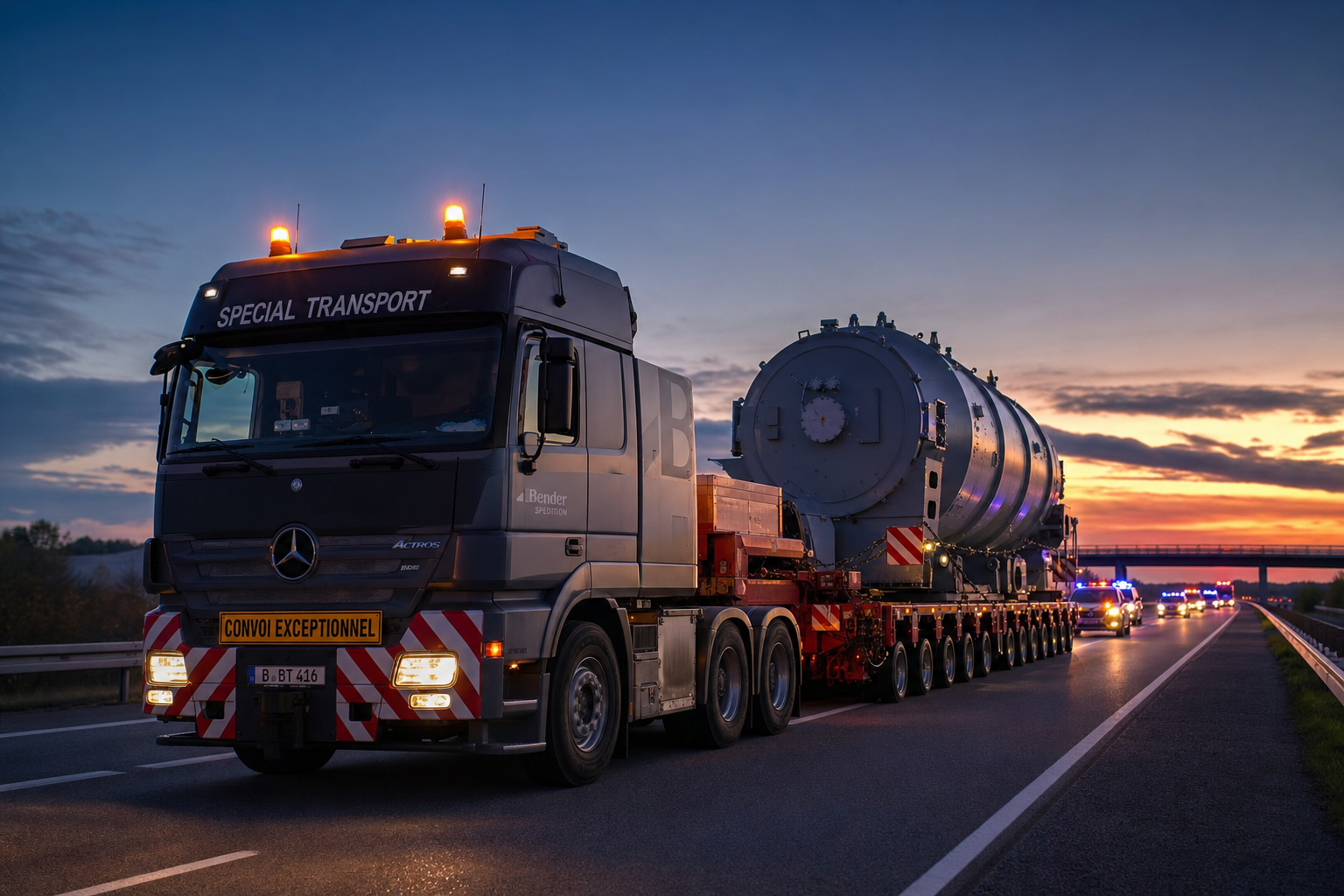 A heavy-duty transport truck traveling on a highway, representing emergency logistics and infrastructure support.
