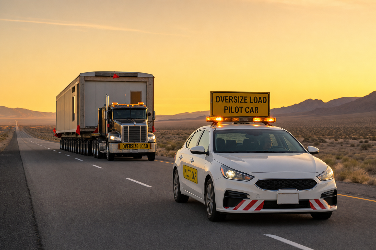 A pilot car following an oversized load on a highway at golden hour.