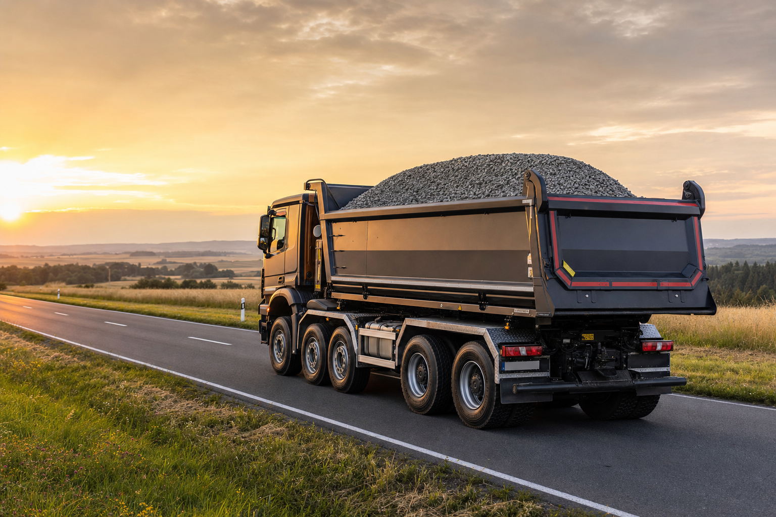 A heavy-duty dump truck transporting gravel on a rural road during sunset, highlighting its heavy-load axle configuration.