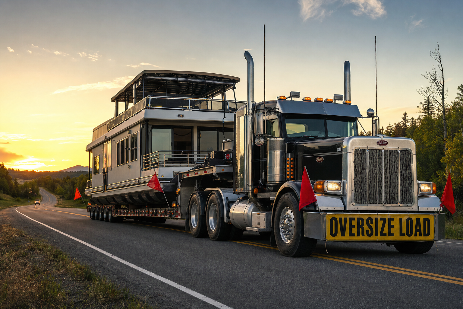 A professional transport truck carrying a large houseboat on a highway with warning flags visible.