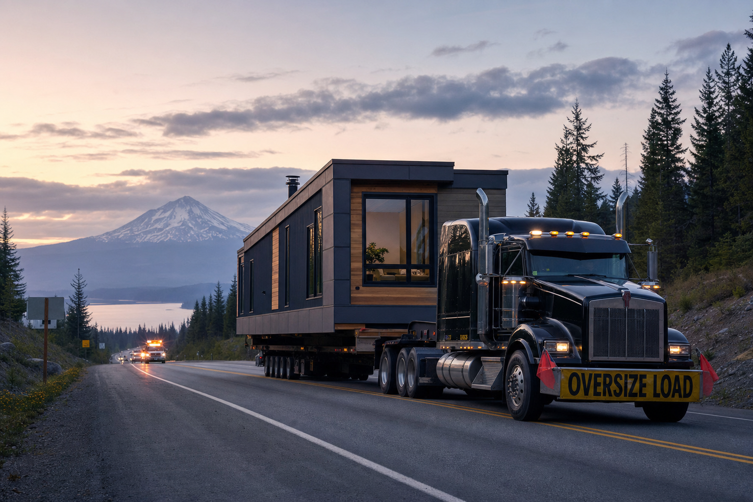 A modular home being transported on a heavy-duty trailer down a wide, scenic highway in Washington.