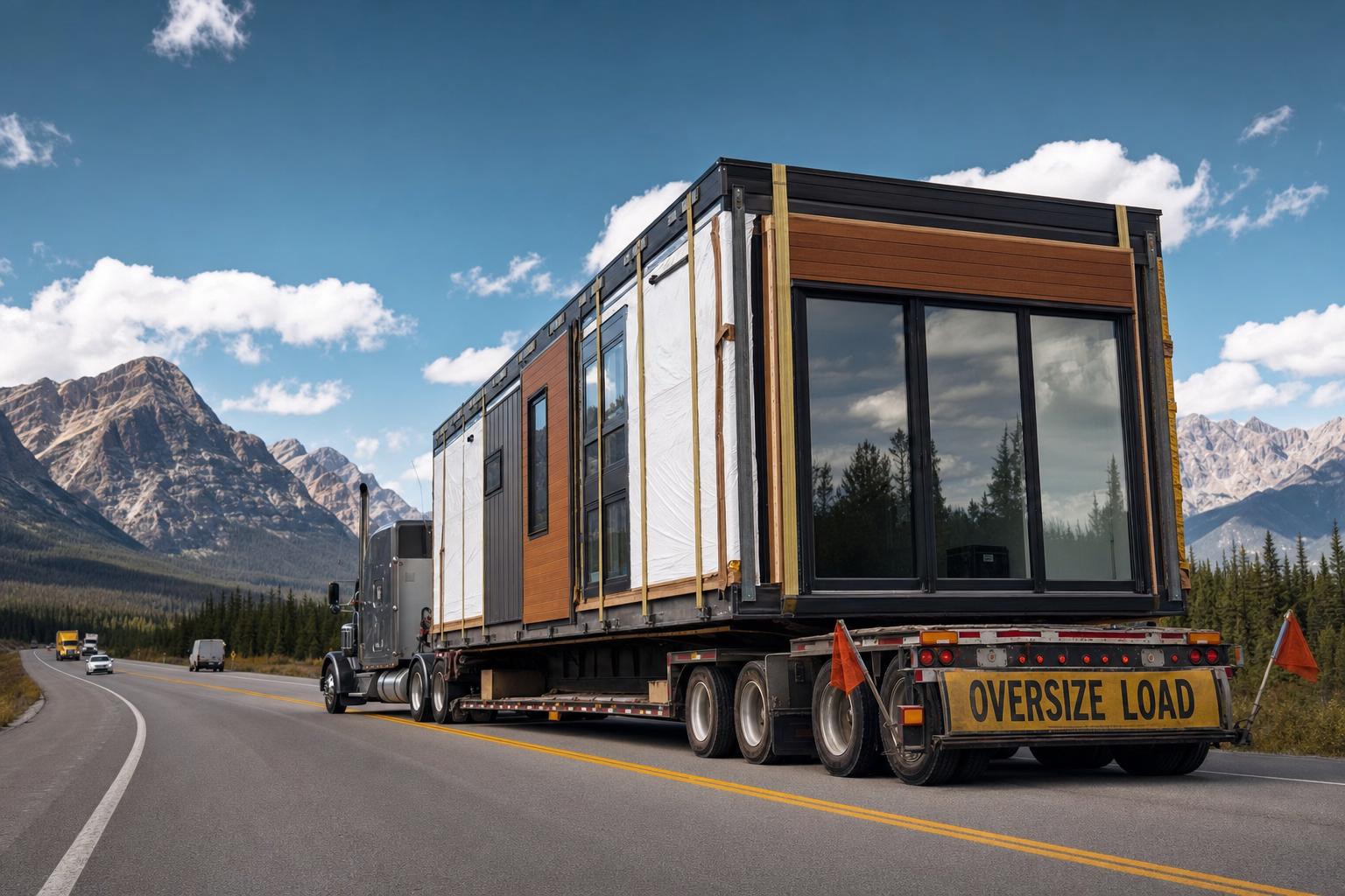 A modular home section being transported on a flatbed trailer along a highway.