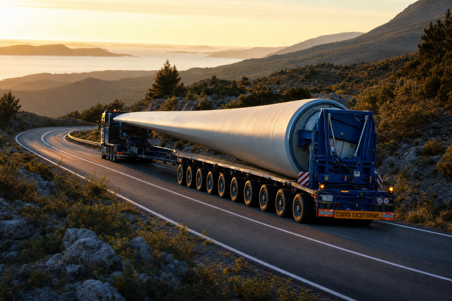 A massive wind turbine blade on a long, multi-axle transport vehicle moving slowly along a mountain highway.