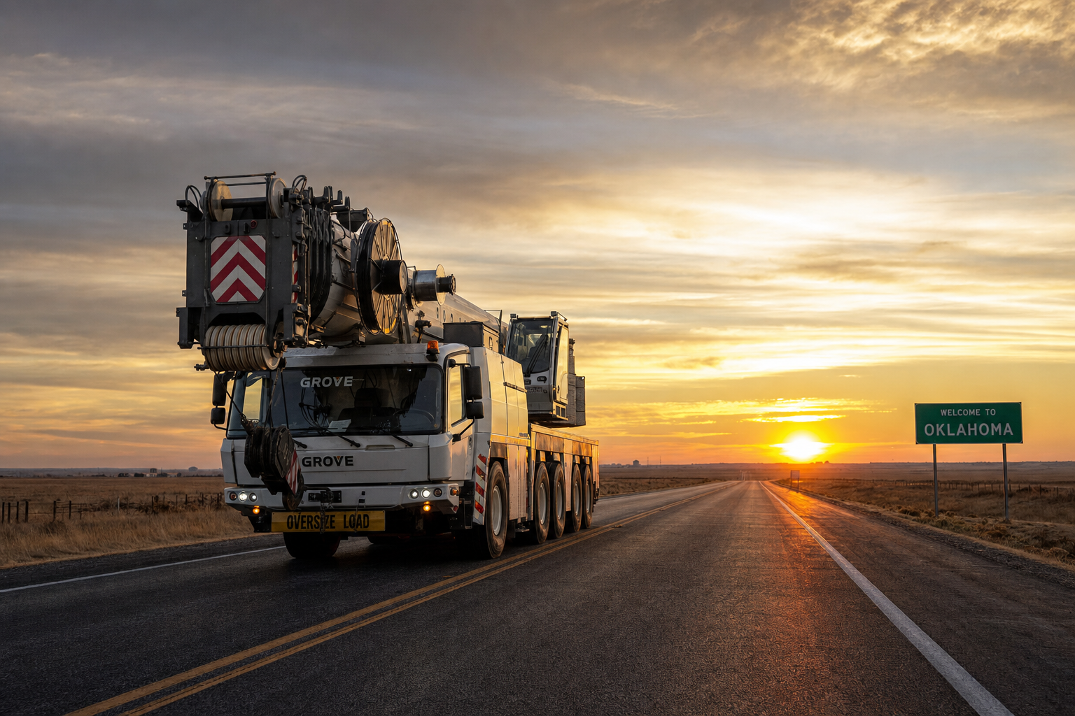 A large multi-axle mobile crane driving on a highway during a scenic sunset.