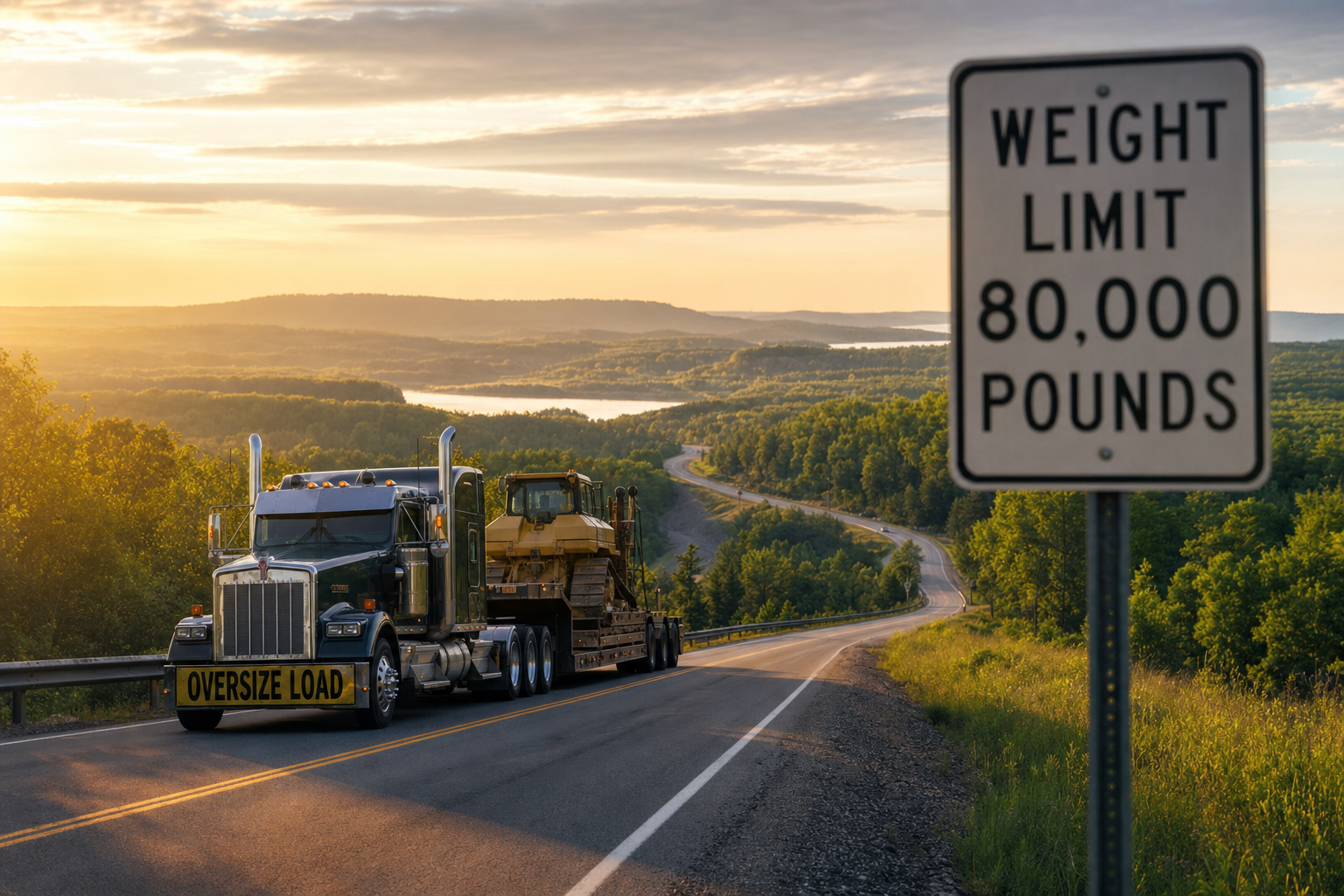 A rural highway with a weight limit sign in the foreground, signifying local road restrictions.