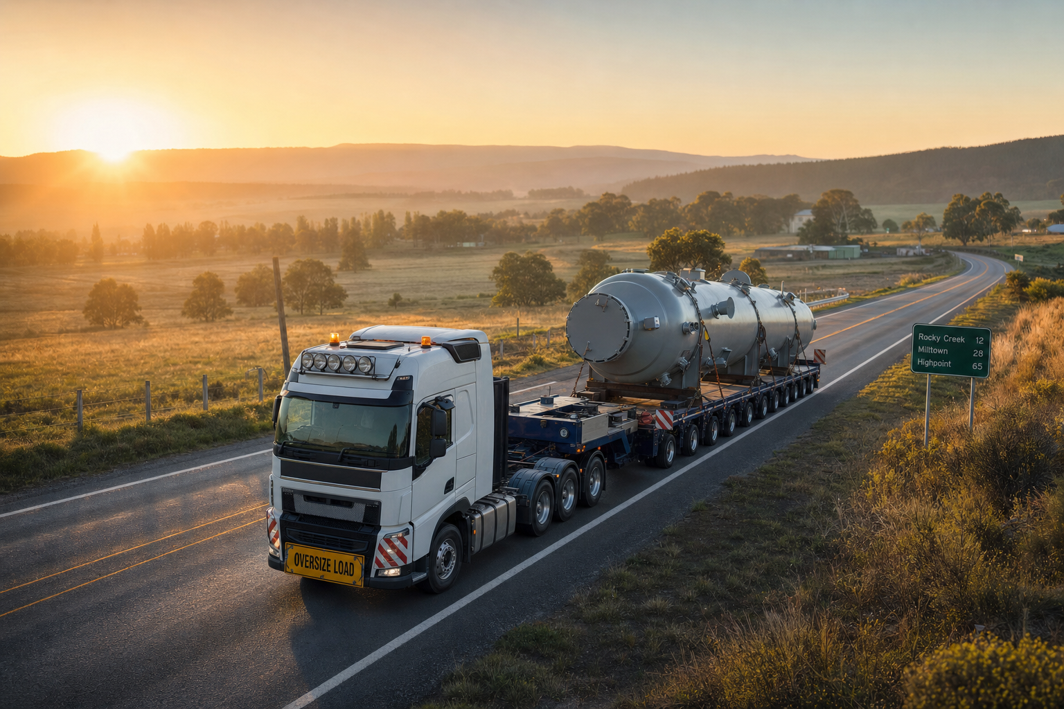 A heavy transport vehicle on a highway representing the logistics of oversized load planning.