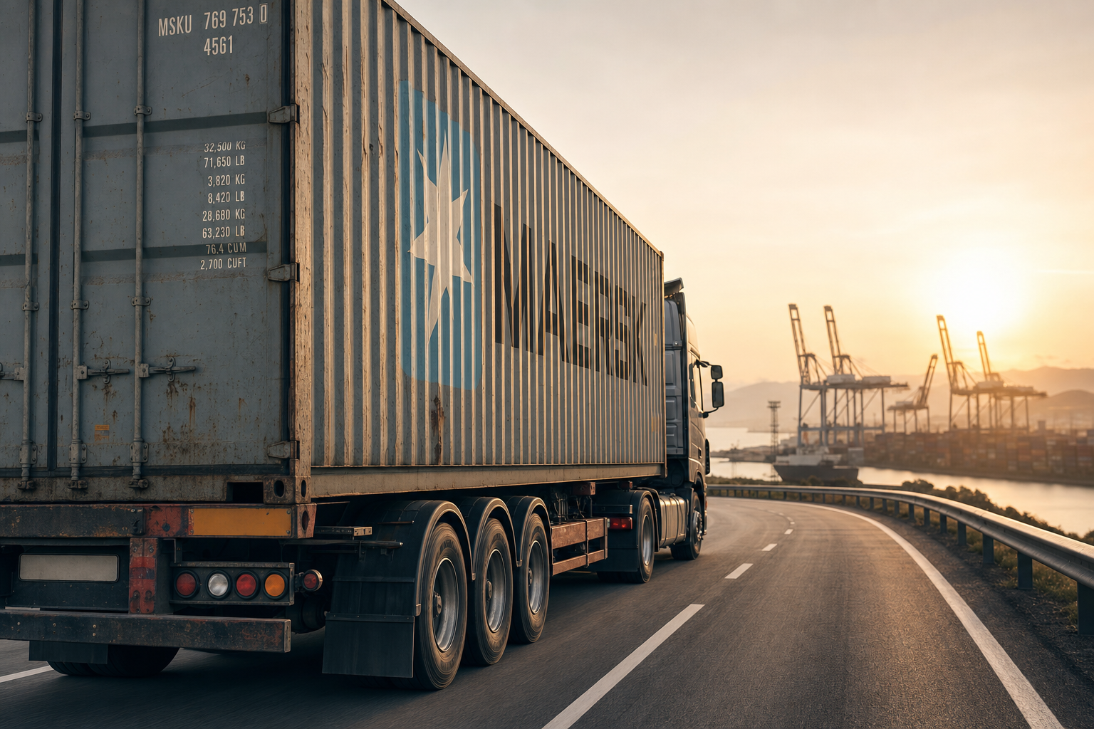 A semi-truck transporting a large shipping container on a highway near a port, showcasing the scale of logistics.