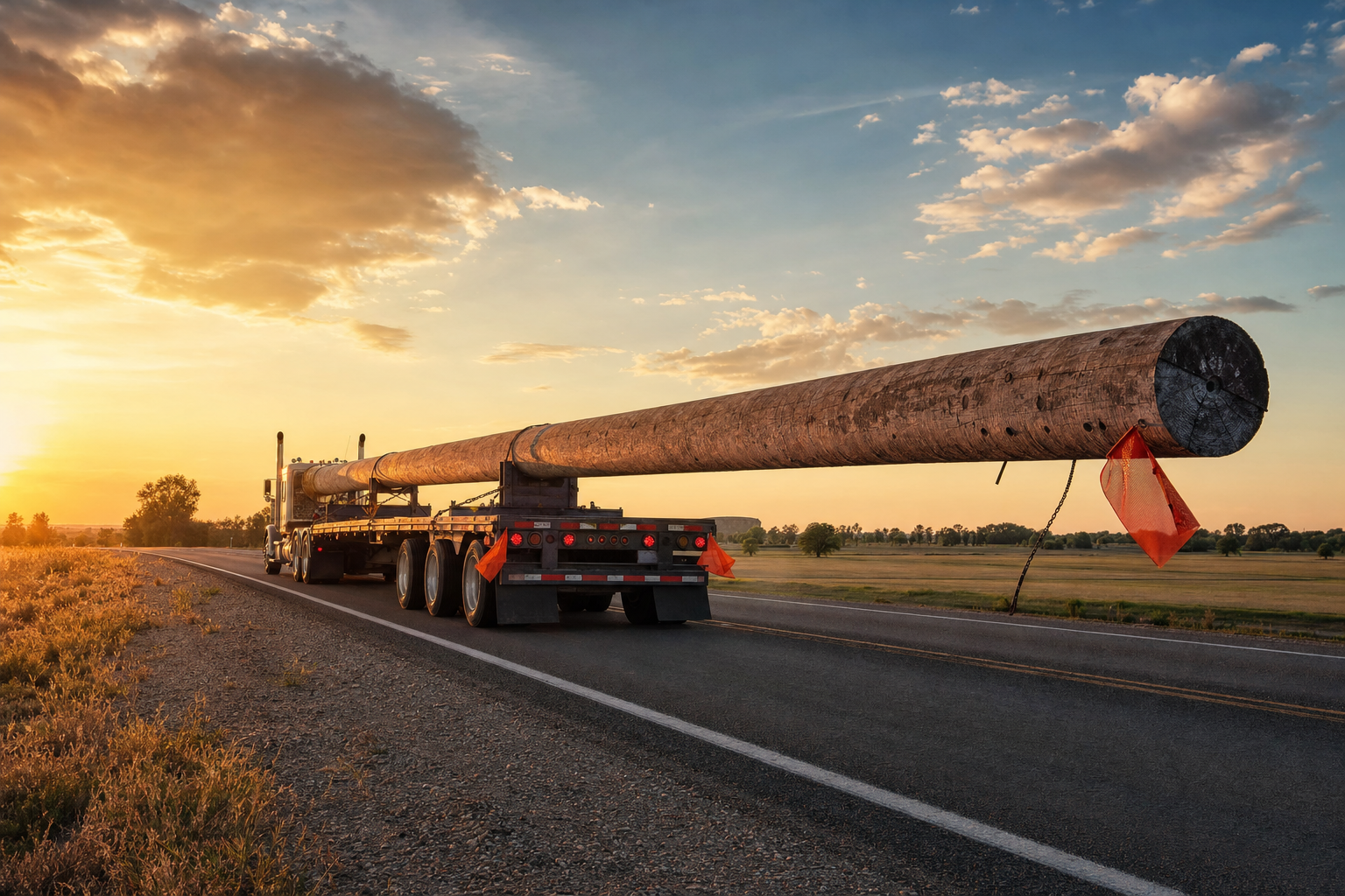 A heavy-duty truck hauling an oversized utility pole on a country road during the day.