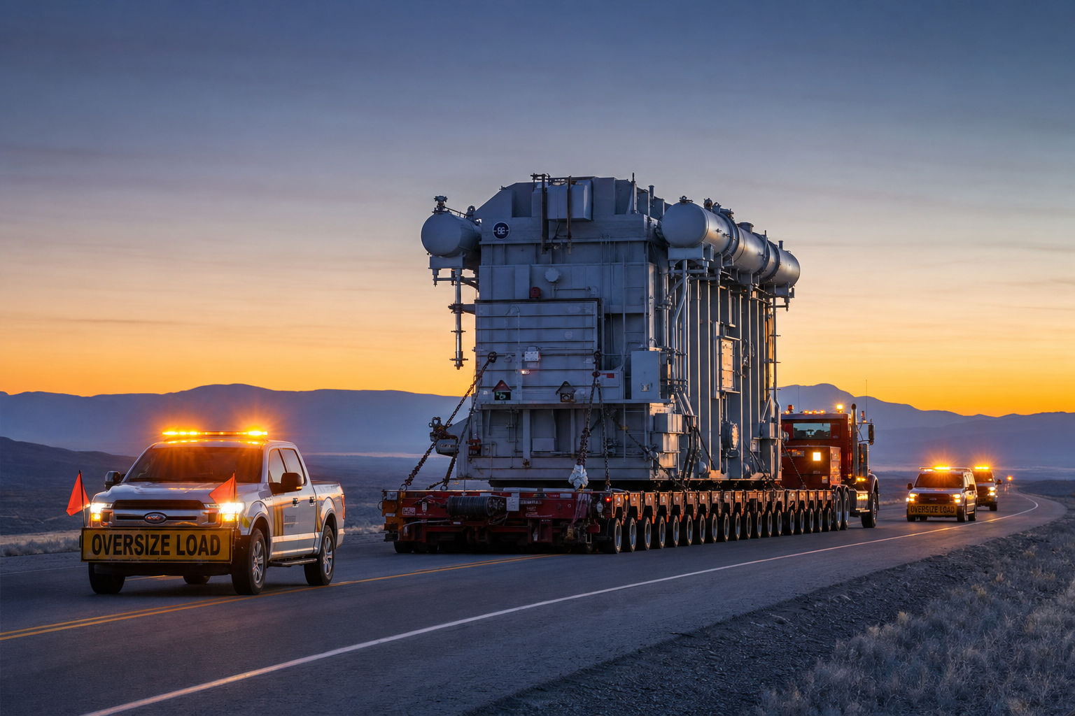 A massive industrial piece of equipment on a specialized multi-axle trailer being transported on a highway at twilight.