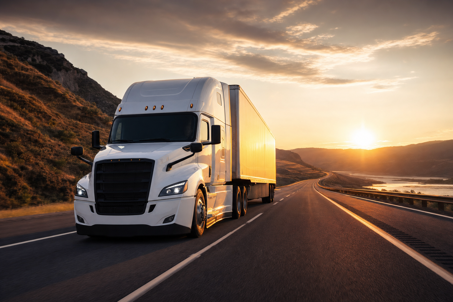 A commercial semi-truck driving on a highway during a scenic sunset to represent interstate trucking and IRP logistics.