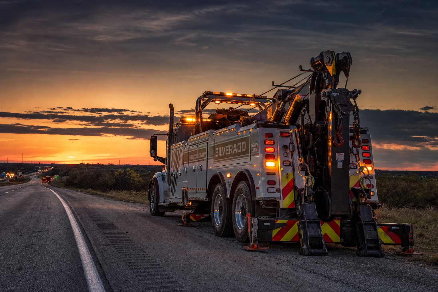 A heavy-duty tow truck parked on a highway shoulder during twilight with hazard lights active.