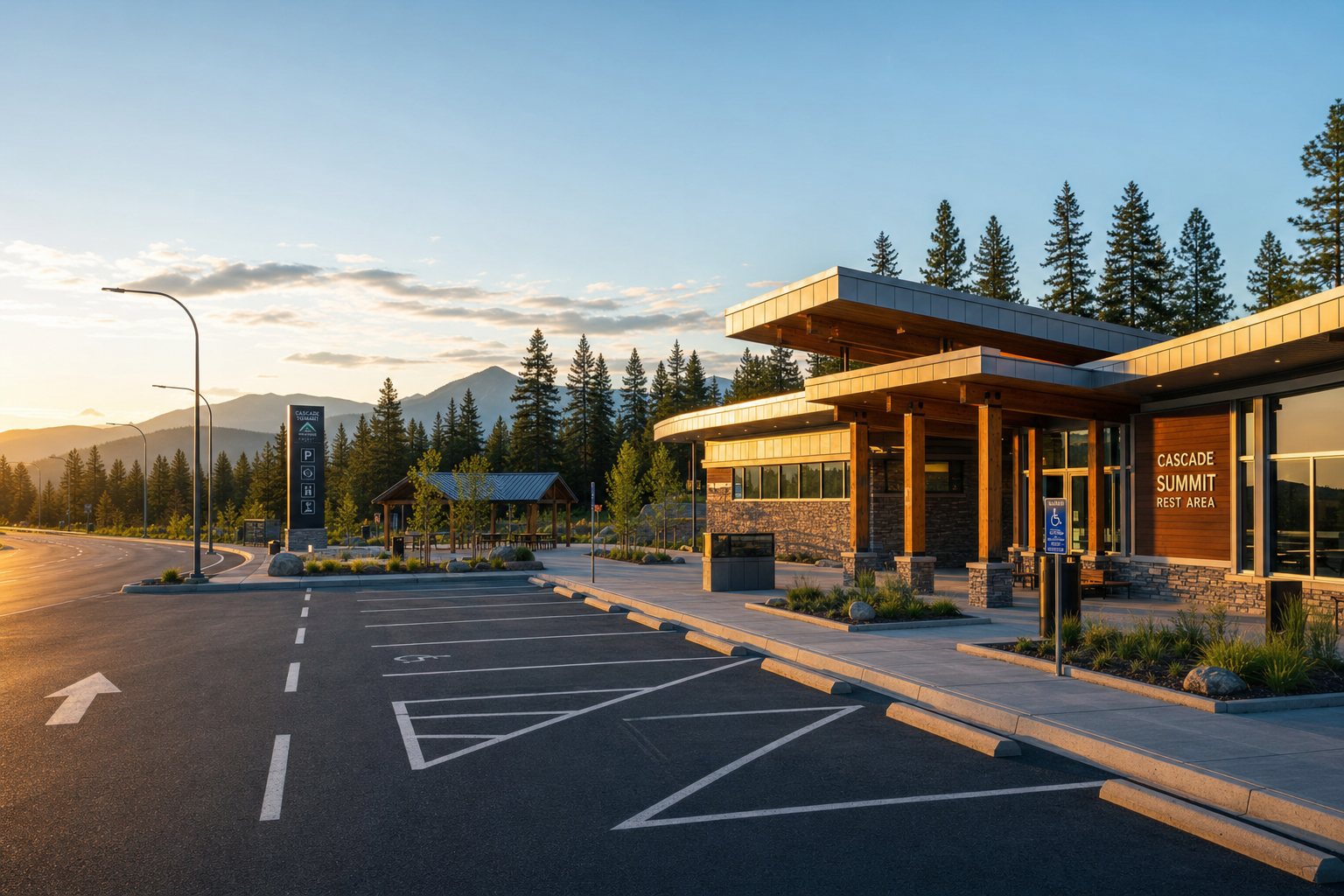 A peaceful and empty highway rest area during sunset with clean pavement and open parking spaces.