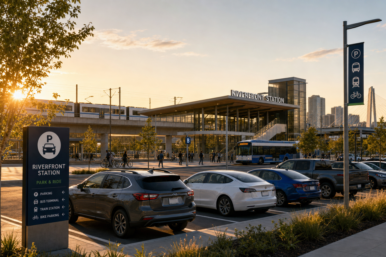 A modern, organized transit hub and park-and-ride facility during sunset.