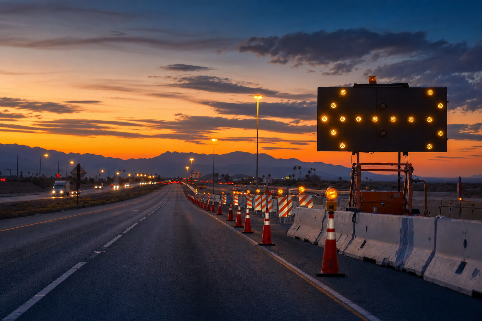 A line of orange construction barrels and safety equipment on a wide highway under a twilight sky.
