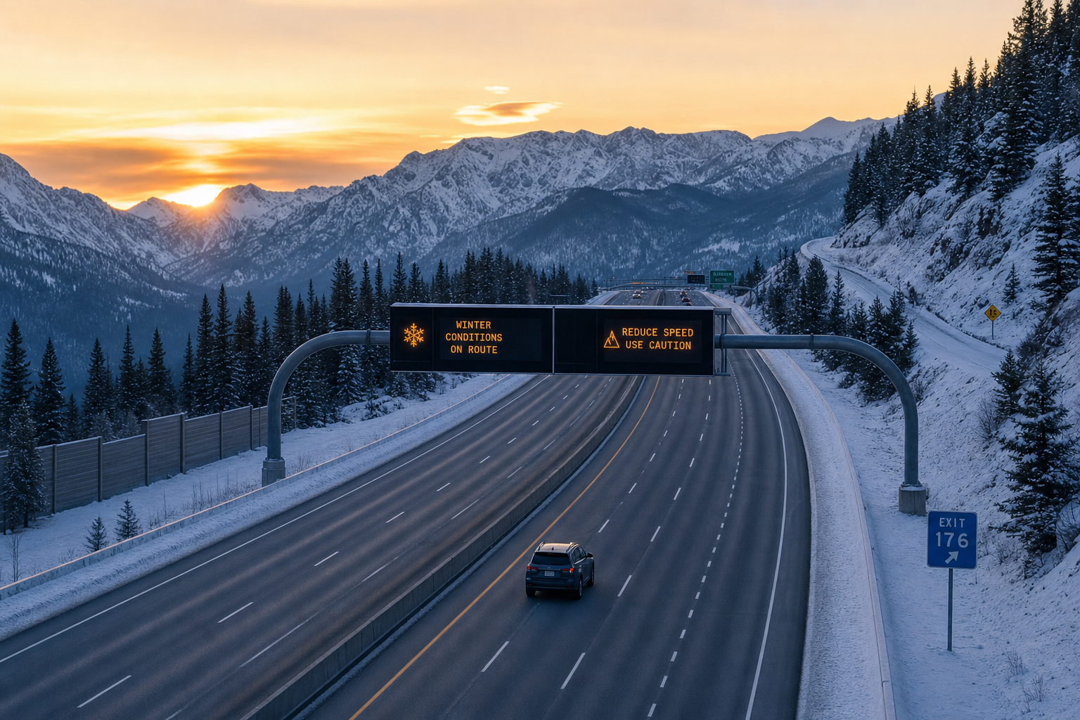 A snowy mountain highway at sunset with digital road signs in the distance.