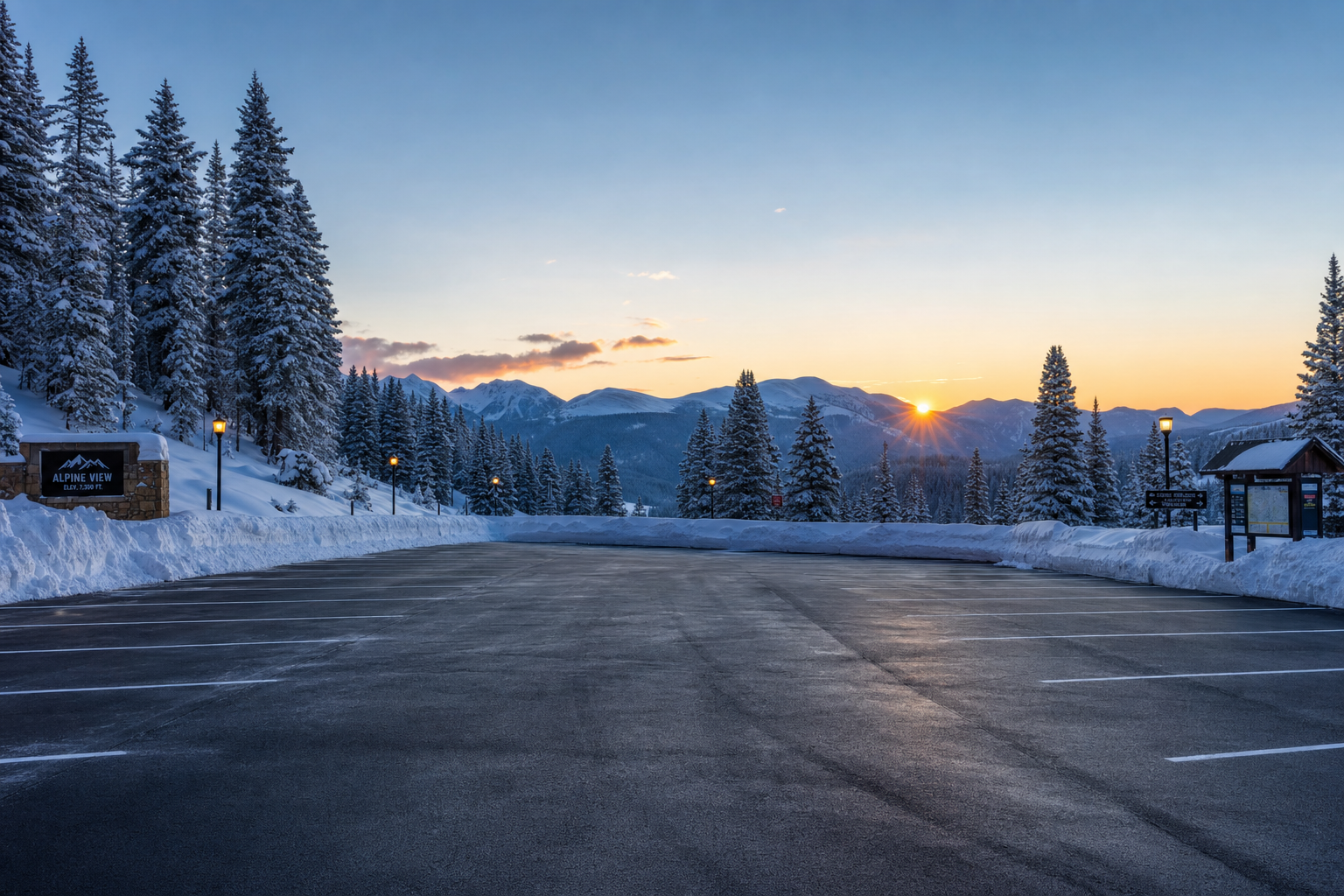 A cleared, snowy mountain trailhead parking area surrounded by evergreen trees covered in frost under a crisp morning sky.