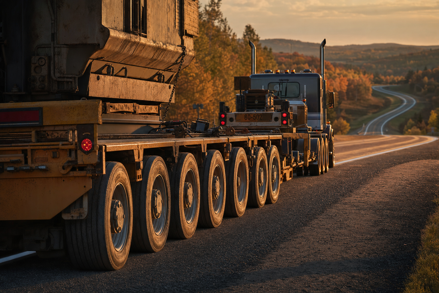 A heavy-duty transport truck traveling on a scenic highway, showcasing complex trailer configurations and mechanical engineering.