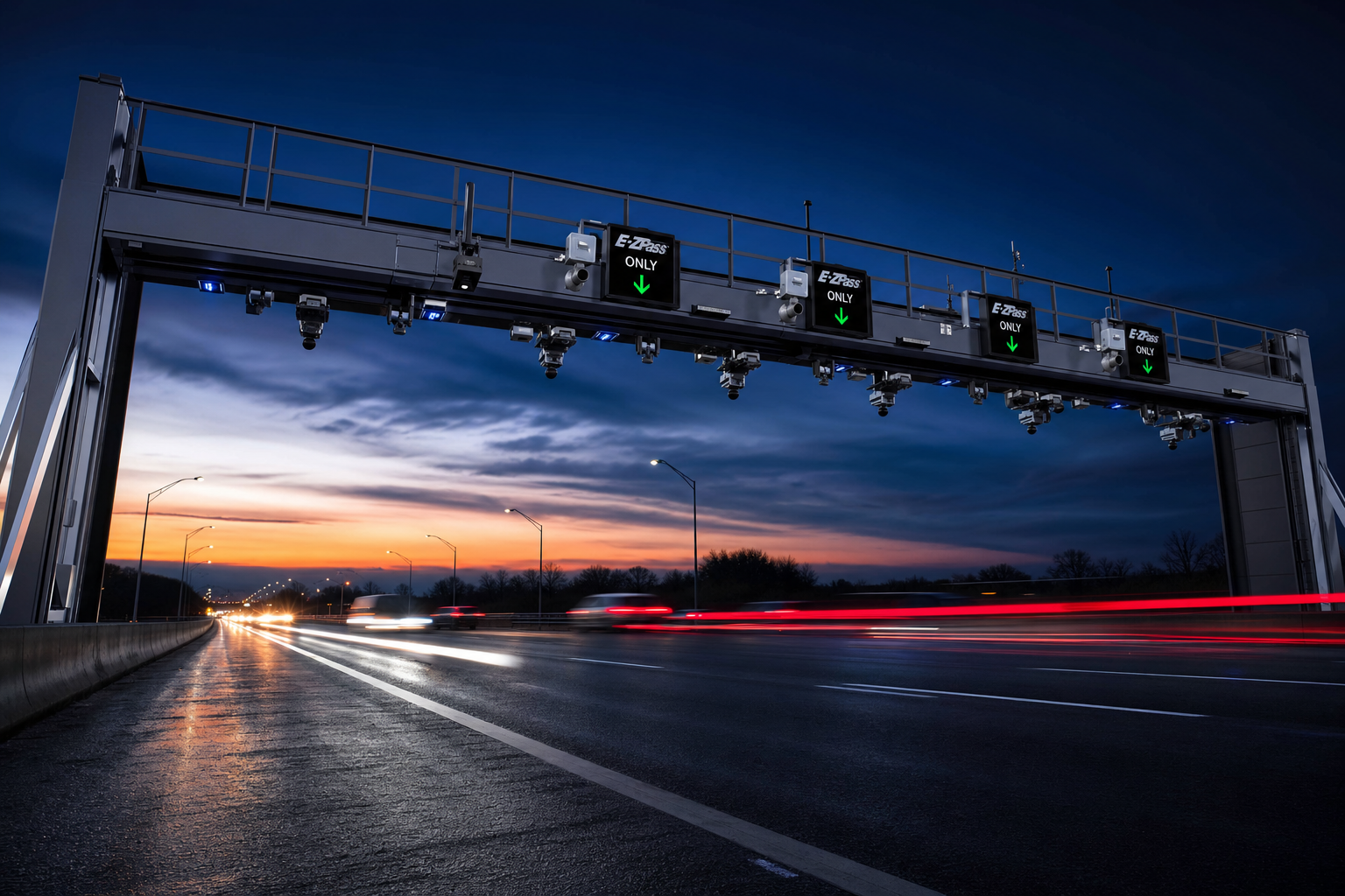 A modern electronic toll gantry spanning a highway with vehicle sensors and cameras visible at twilight.