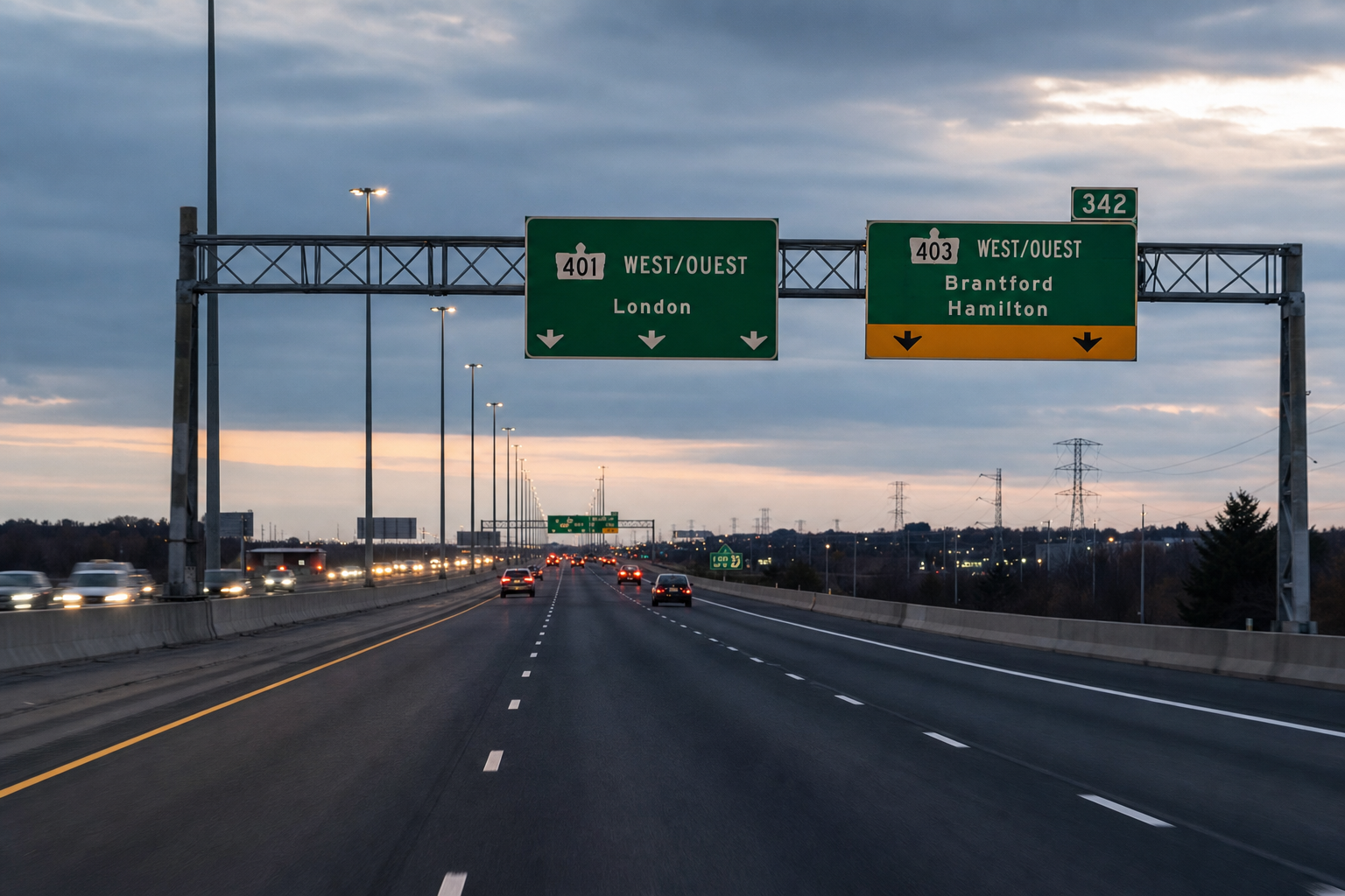 View of a wide, multi-lane Ontario highway during twilight with clear road markings.