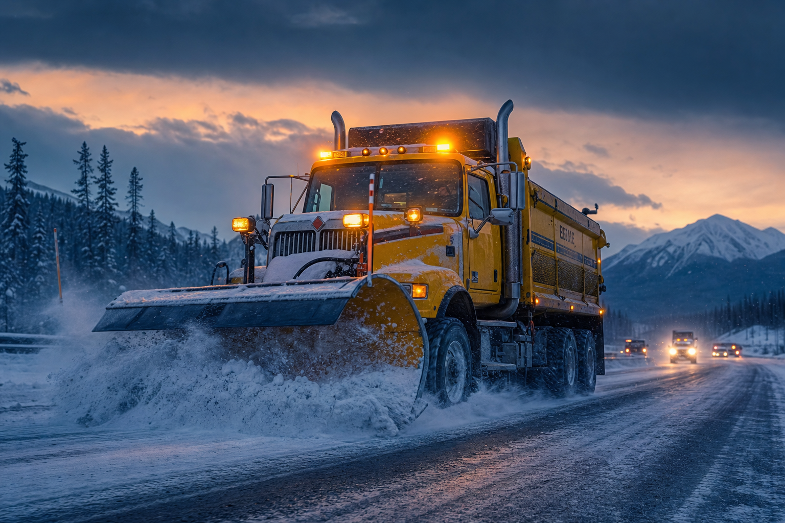 A heavy-duty snow plow clearing a snowy road at dusk.