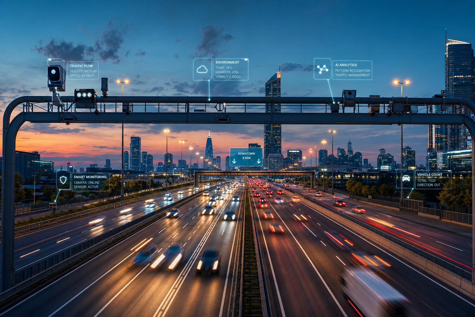 A modern highway at dusk with overhead gantry sensors and light trails from traffic representing data monitoring.