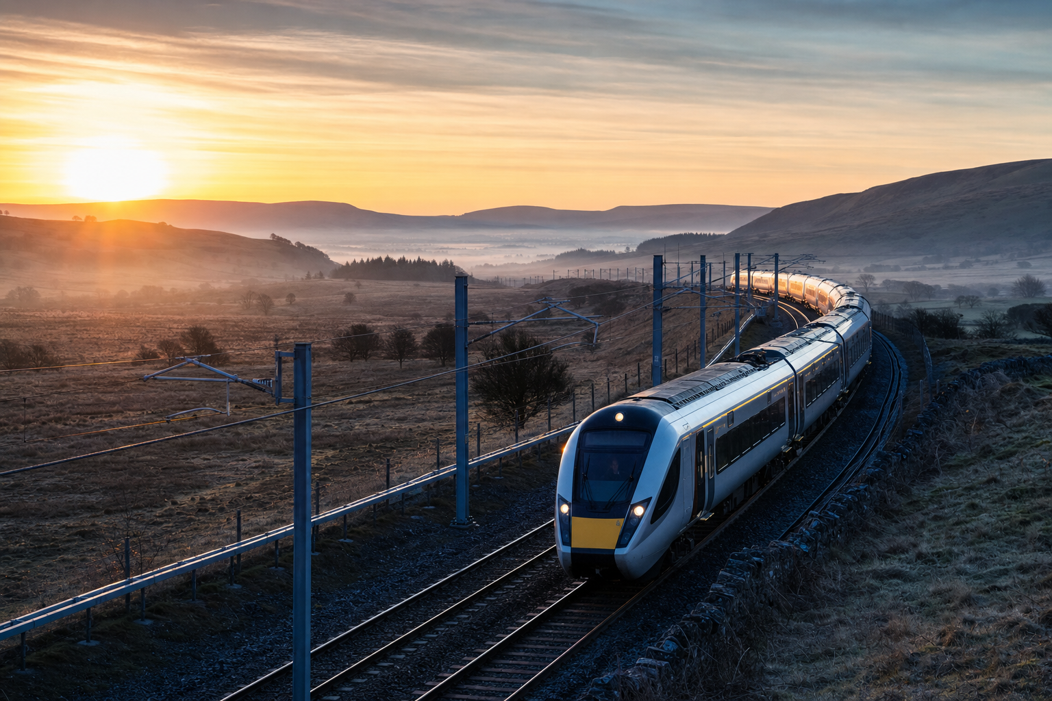 A modern passenger train traveling along curved steel tracks in a scenic, open landscape.