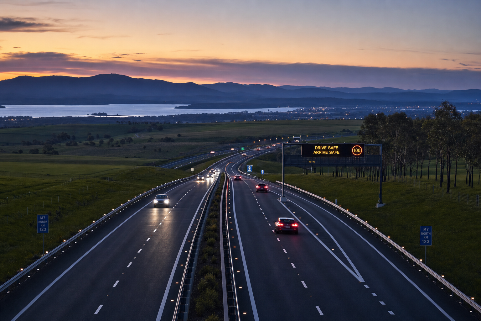 A scenic highway landscape at twilight with clear road markings, evoking a sense of safety, travel, and modern infrastructure.