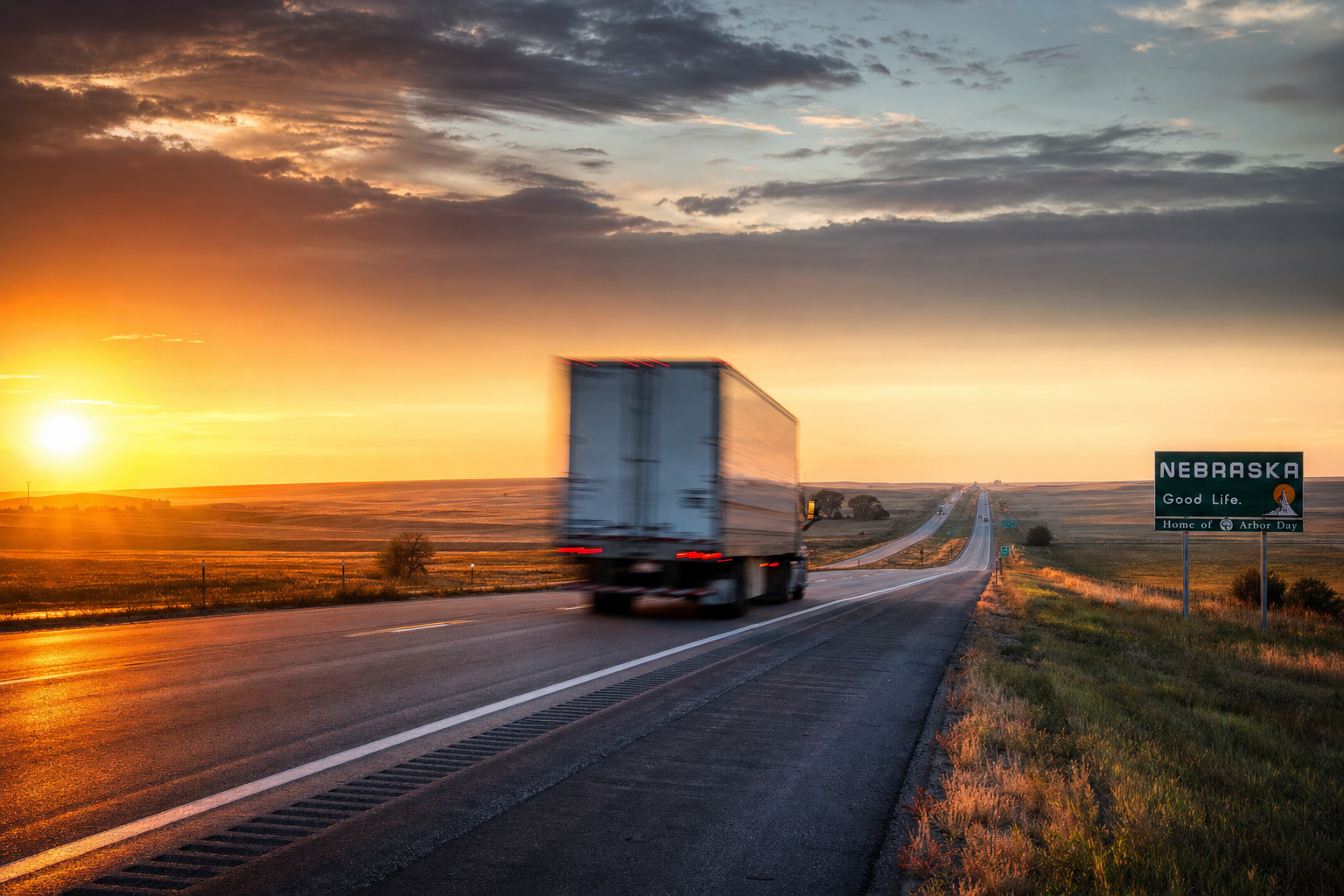 A semi-truck driving on a wide highway through the Nebraska landscape at sunset.