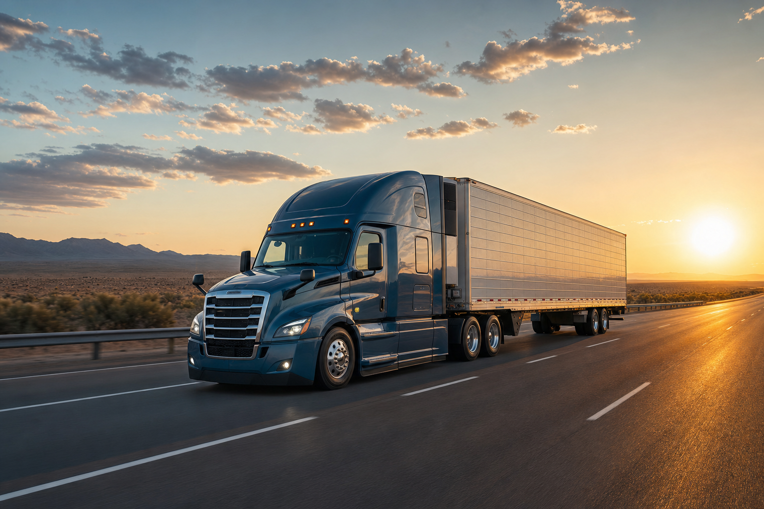 A semi-truck traveling on a highway at sunset, symbolizing commercial transport and logistics.